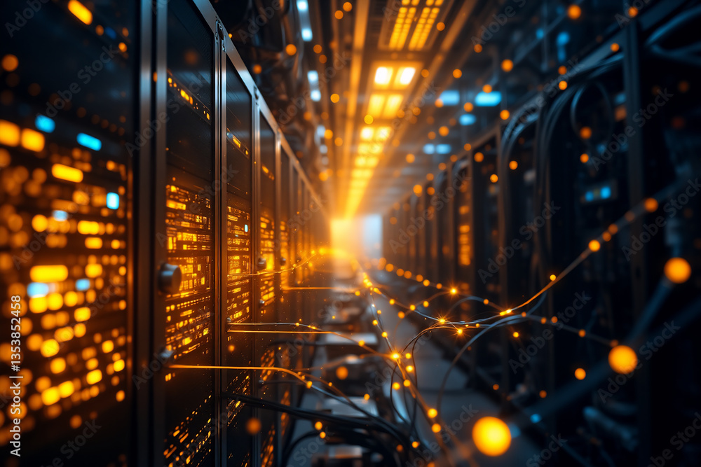 Poster a server room corridor with glowing orange lights illuminates a path through rows of servers and cab