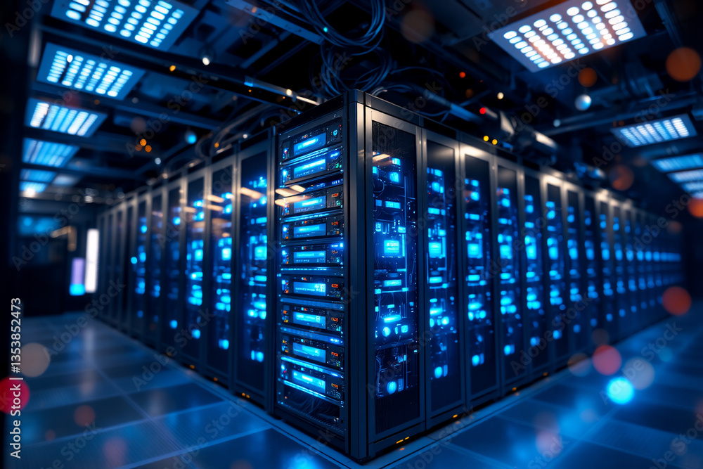 Poster dark server room with rows of glowing blue servers. modern technology infrastructure with cables and