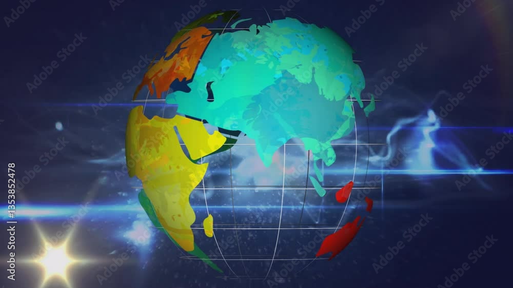 Poster rotating globe with continents, animation over digital network with light effects