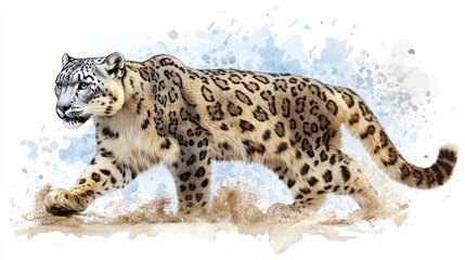 Ornate zoological illustration of a snow leopard, showing elegant detailing, soft watercolor washes, and naturalistic patterns.