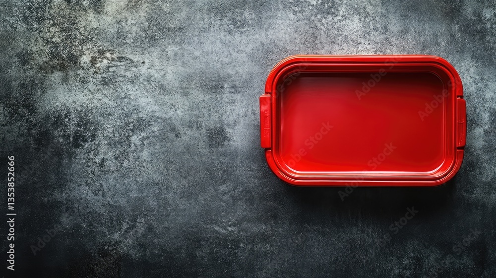 Poster a vibrant red insulated food container placed on a gray stone background with soft lighting. bold an