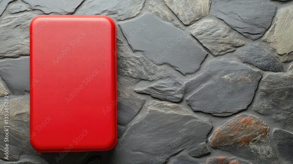 Poster a vibrant red insulated food container placed on a gray stone background with soft lighting. bold an