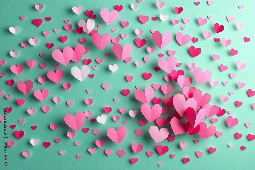 Poster pink and white paper hearts are scattered across a green backdrop. a delightful array of hearts in v