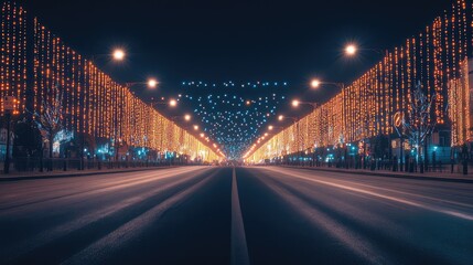 A view of a street lit with thousands of twinkling lights during a night festival, with empty space for text above.