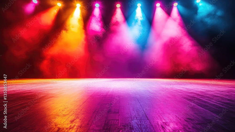 Aufkleber a view of colorful theater lights illuminating a stage with dramatic effect, creating shadows on the