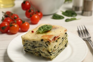 Piece of delicious spinach lasagne served on white table, closeup