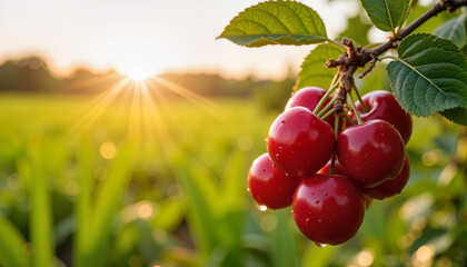 Obraz premium Ripe cherries glistening in sunlight against a green field 