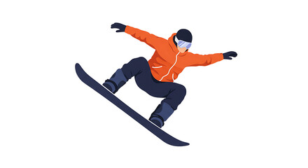 Fototapeta premium Snowboarder in Action Mid-Air Performing Trick on Snowboard Flat Vector