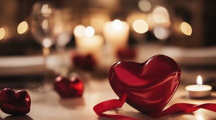 Heart-shaped chocolate box with red ribbon, glowing in candlelight, evokes romance and warmth.
