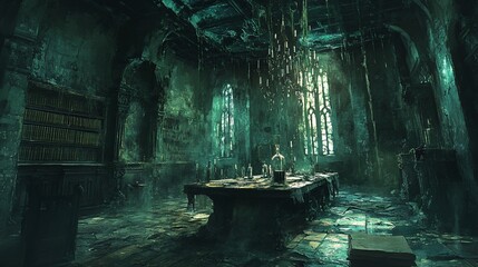 The mystical ambiance of an abandoned library with a central laboratory table