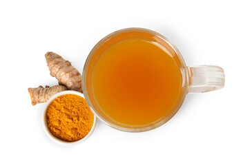 Aromatic turmeric tea in glass cup, roots and powder isolated on white, top view