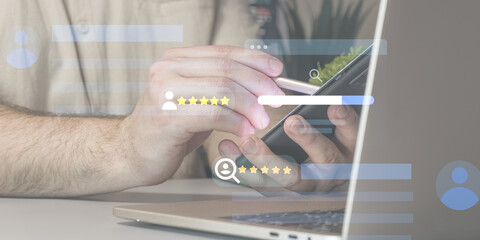 User experience evaluation: hands using a smartphone with a digital rating system and interactive feedback interface