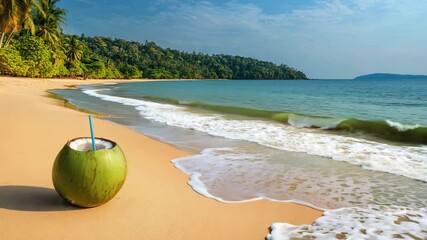A tropical beach with gentle waves and a fresh coconut drink sits on the warm sand as the sun sets behind the trees