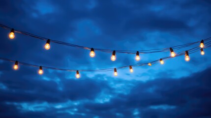 Beautiful string lights glowing against a dark sky, casting a cozy ambiance with ample copy space to the right.