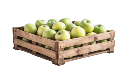 Wooden Crate Filled with Fresh Green Apples, Farm-Fresh Organic Produce, Isolated on a White Background
