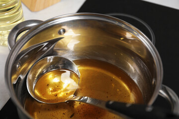 Used cooking oil and ladle in saucepan on stove, closeup