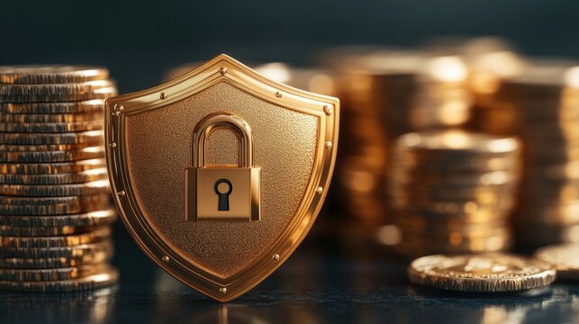 A gold shield featu a padlock emblem in front of stacks of gleaming gold coins symbolizing financial security, wealth, and protection against loss