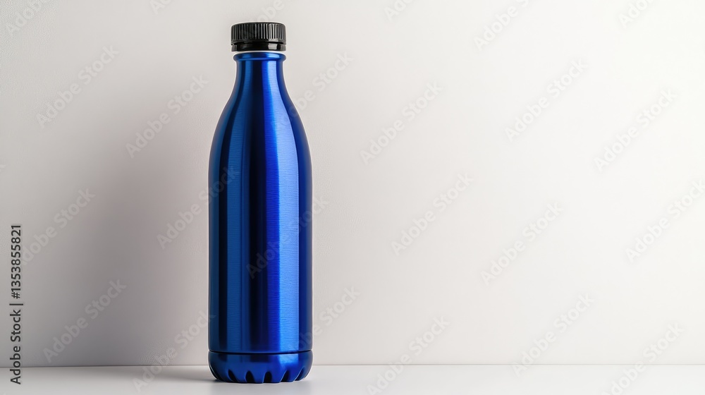 Poster minimalist reusable insulated bottle in a vibrant blue color, placed on a white backdrop with soft l