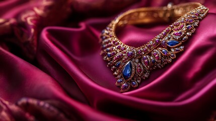 Obraz premium Elegant red satin background with pearls and luxury jewelry