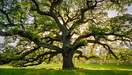 Fototapeta premium nature shot of lush green branches of huge old oak tree in spring