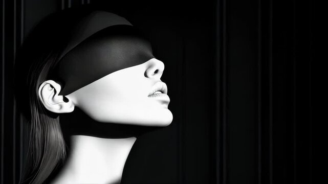 Black and white artistic image of a blindfolded beautiful woman