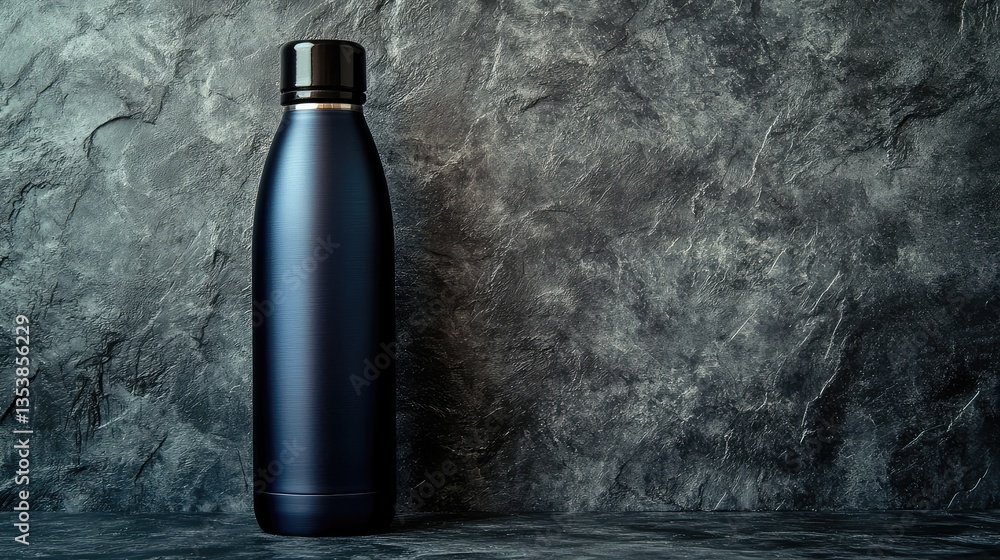 Poster reusable vacuum-insulated flask with a smooth matte finish, placed on a gray stone background. moder