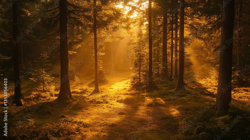 Poster soft golden light filtering through the trees, illuminating the forest floor with gentle shadows. co
