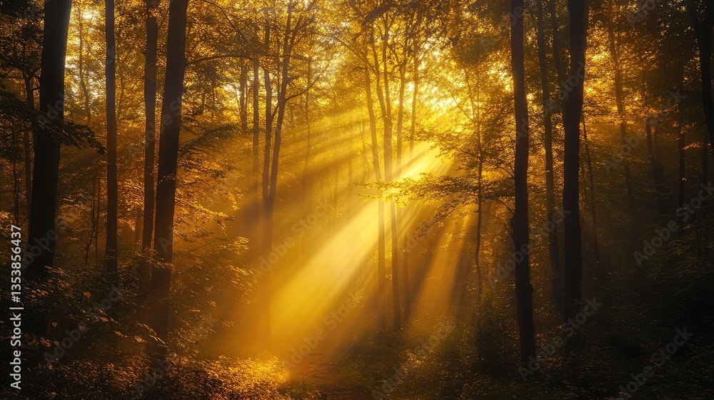 Poster soft golden light filtering through the trees, illuminating the forest floor with gentle shadows. co