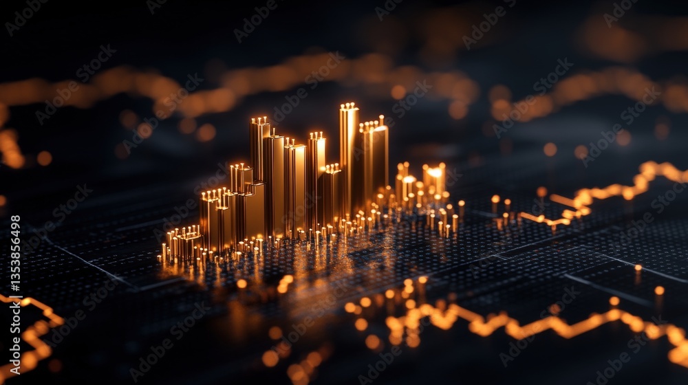 Poster a glowing cluster of golden bars composing a modern cityscape against a dark gridded surface with or