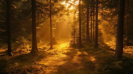 Obraz premium Soft golden light filtering through the trees, illuminating the forest floor with gentle shadows. Copy space above for design.