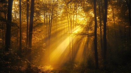 Obraz premium Soft golden light filtering through the trees, illuminating the forest floor with gentle shadows. Copy space above for design.