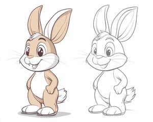 Obraz premium Adorable bunny illustration, colored and line art versions