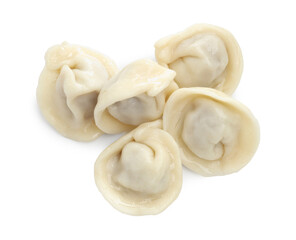 Delicious boiled dumplings (pelmeni) isolated on white, top view