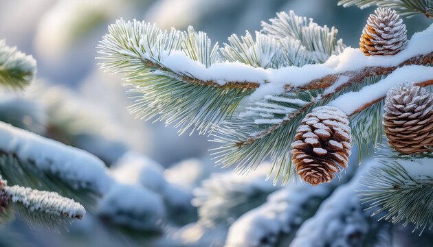 white pine branch with snow covered twigs and pinecones wintery evergreen branches pinecones - Powered by Adobe
