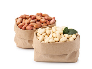 Fresh peanuts in paper bags isolated on white