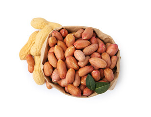 Fresh peanuts in paper bag and unpeeled ones isolated on white, top view