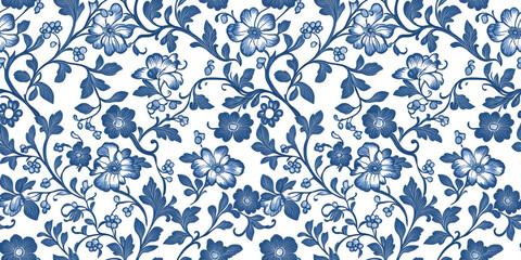 Floral pattern with intricate blue designs on a seamless white background. Generative AI