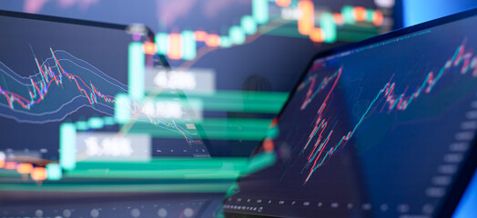 Digital Trading Interface with Candlestick Chart and Data Overlay Highlighting Stock Market Trends