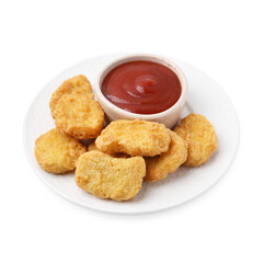 Tasty chicken nuggets with sauce isolated on white