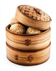 Steamed dumplings in a bamboo steamer, showcasing traditional Asian cuisine in a kitchen setting