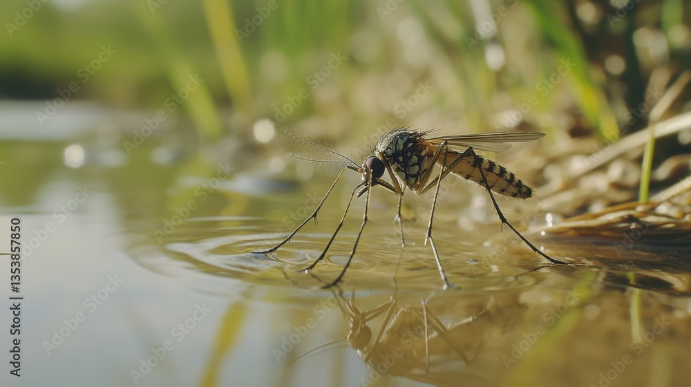 Poster close-up of a mosquito treading water surface in a natural setting with greenery in background