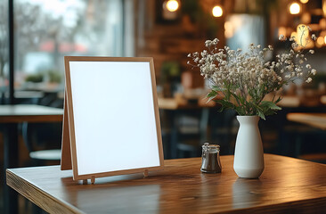 White blank restaurant menu board stands on wooden table near vase with flowers. Template for cafes advertising, indoor dining, presentation design. Modern, stylish decor, simple customizable