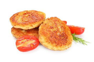 Delicious patties, tomato and dill isolated on white