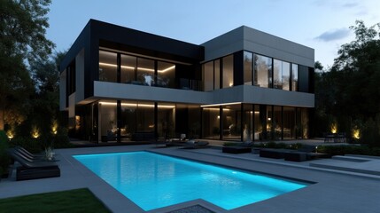 Fototapeta premium Modern luxury home with swimming pool at twilight