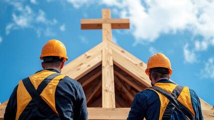 Restoration of ancient churches Concept, Workers Restoring the Ancient Roof of a Wooden Church Under a Clear Blue Sky with a Wooden Cross