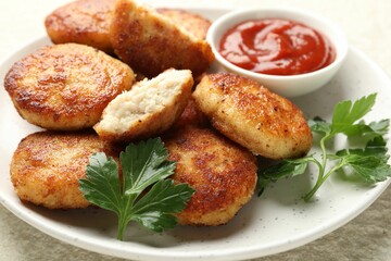 Tasty patties, parsley and ketchup on light textured table, closeup