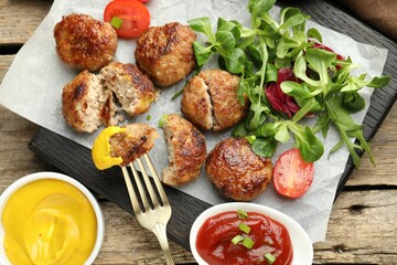 Tasty patties, tomato, spinach, mustard and ketchup on wooden table, flat lay