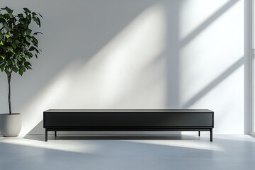 Modern living room with minimalist cabinet and plant, sun casting shadows on wall