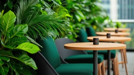 Rooftop bar at a high-rise hotel Concept, Rooftop Bar Setting at High Rise Hotel Surrounded by Lush Tropical Plants and Cozy Seating Areas