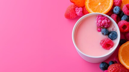 Pink Smoothie Bowl with Fresh Berries and Orange Slice on Vibrant Background